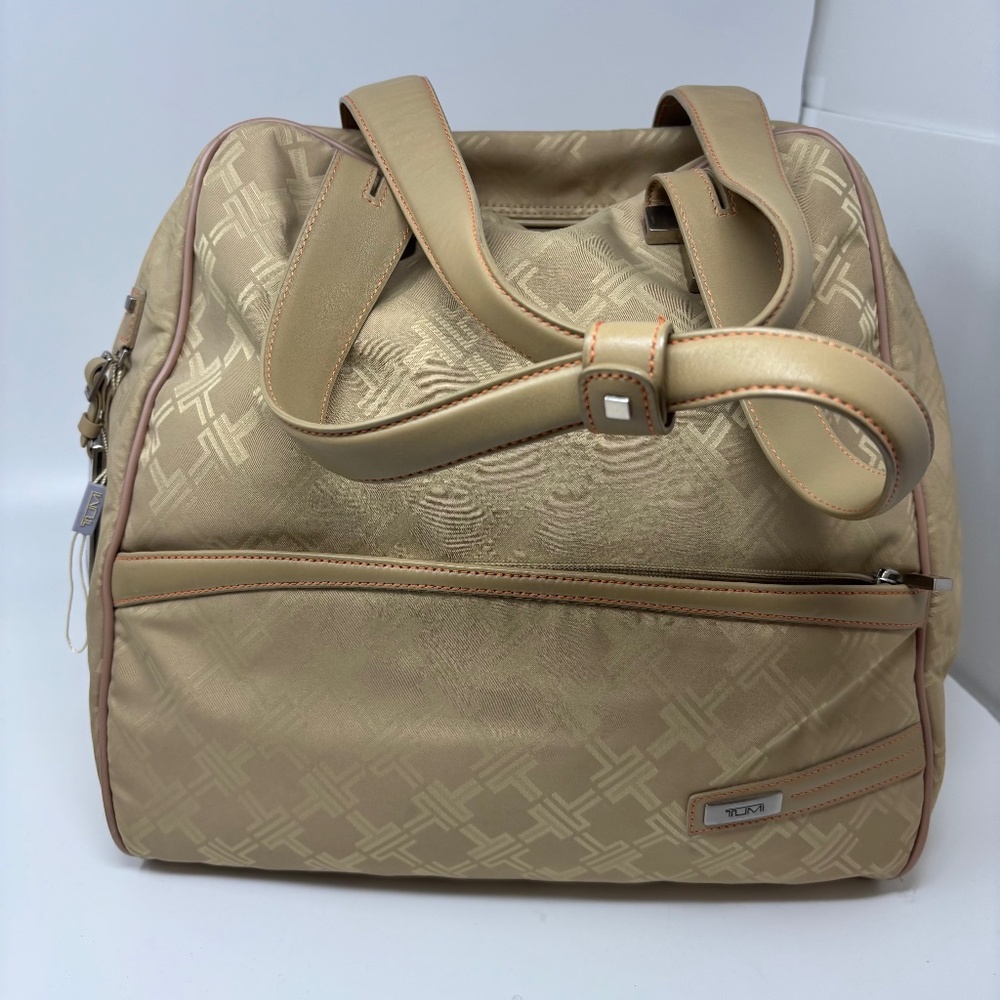 Tumi Small Carry On Overnight Bag Beige Logo Print Leather Handles Lock Tag